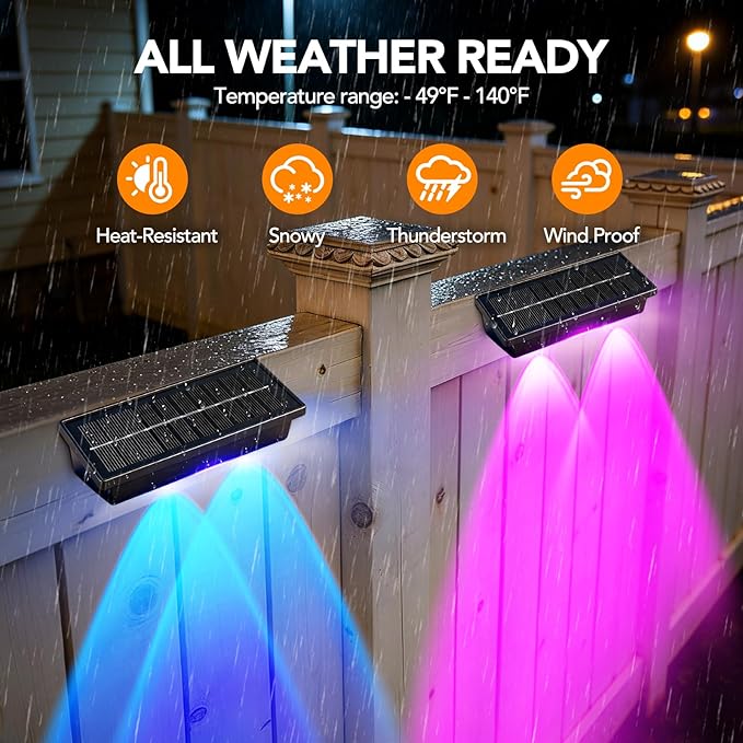 Solar Fence Lights Outdoor 2Pack, Warm White & 6 Color Change and Glass Panel, Waterproof High Brightness Solar LED | Lumora