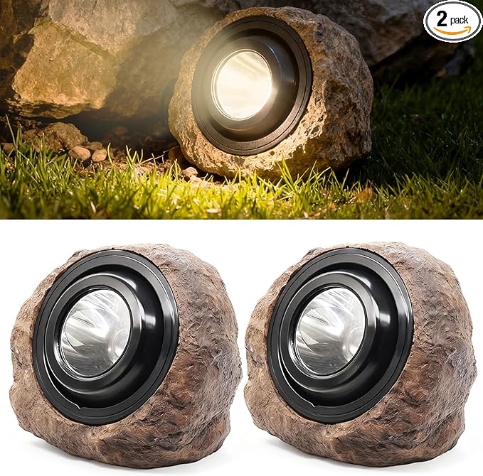 Solar Powered Rock Lights Outdoor- 2 Pack Super Bright Solar Spot Garden with 2 Lighting Modes, IP65 Waterproof Outdoor Decorative for Garden,Backyard, Roads, Yard, Patio Landscape,Sidewalks