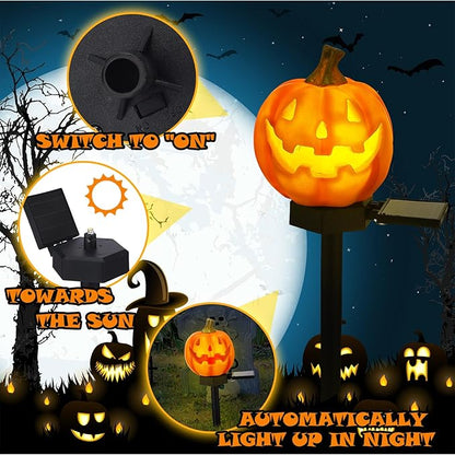 Retisee 2 Pcs Halloween Pumpkin Pathway Solar Lights Orange Jack O Lantern Stake Lights for Outdoor Halloween Decorations Yard Display LED Front Porch Decor(Classic Style,Orange)