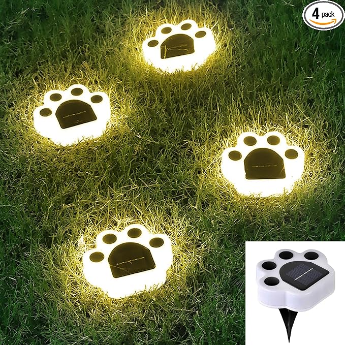 4Pack Led Paw Print Solar Lights Warm White Solar Paw Print Lights Outdoor Waterproof, Garden Lawn Landscape Path Yard