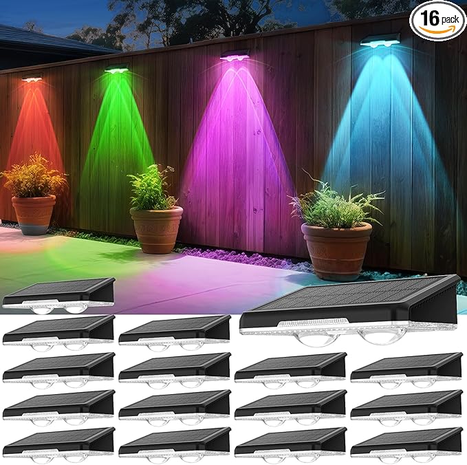 Solar Fence Lights Outdoor 16 Pack - 8 Modes (RGB Cycle/Fixed), Fence Lights Solar Powered for Outside, IP65 Waterproof, Deck Lighting for Wall, Step, Patio, Pathway, Stairs