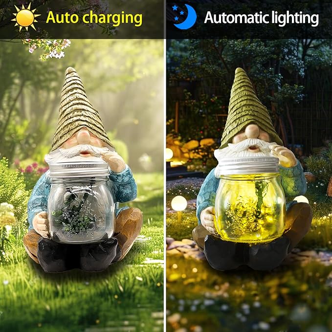 Solar Firefly Jar Gnome Waterproof - Large Garden Gnome Funny Solar Outdoor LED Lights Resin Statues 10.6" Lantern | Lumora