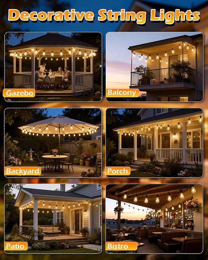 Outdoor String LED Patio Lights - 50FT, IP65 Waterproof Outside Patio Lights with 16 (15+1) S14 LED Bulbs for | Lumora