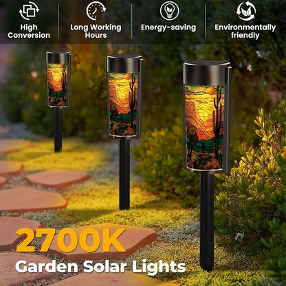 8 Pack Solar Pathway Lights Outdoor Waterproof Southwest Cactus Stained Glass Art Golden Sunset Motifs Solar Garden Lights LED Landscape Lighting for Yard Walkway Lawn Garden Decor