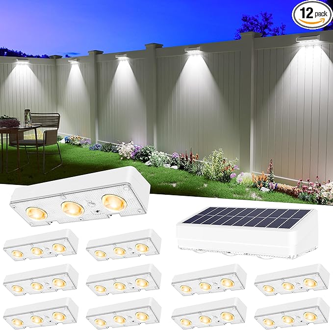 Solar Fence Lights Outdoor Waterproof Led, 12Pack,1300mAh,6 Inch Solar Lights for Fence with Warm White & RGB 8 Colors,Outdoor Solar Lights for Patio, Backyard, Deck, Railing (White)
