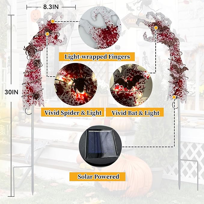 2PCS Solar Halloween Garden Stake Lights Zombie Hand Halloween Pathway Lights with Bats Spiders, Metal Landscape Path Scary Decorative for Pathway Patio Lawn Yard, Red