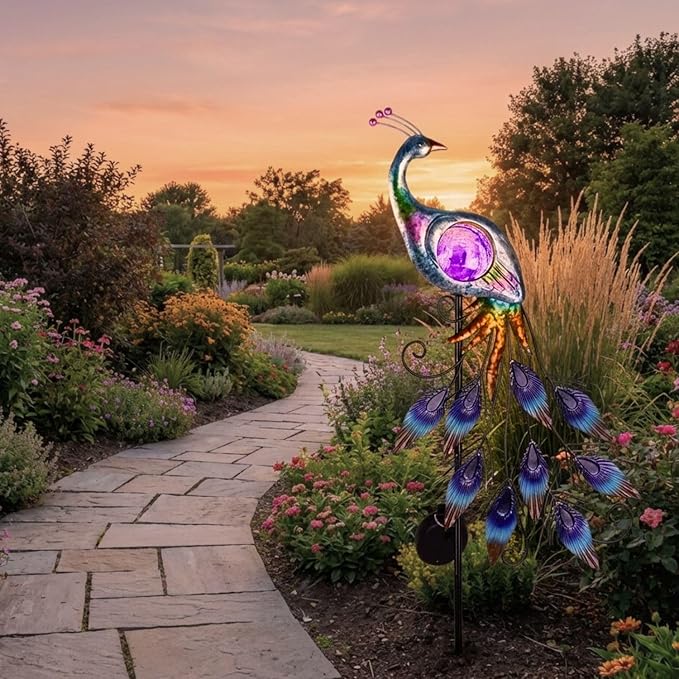 TERESA'S COLLECTIONS Solar Garden Lights Outdoor Garden Decor, Metal Peacock Decorations for Yard, 33'' Purple | Lumora