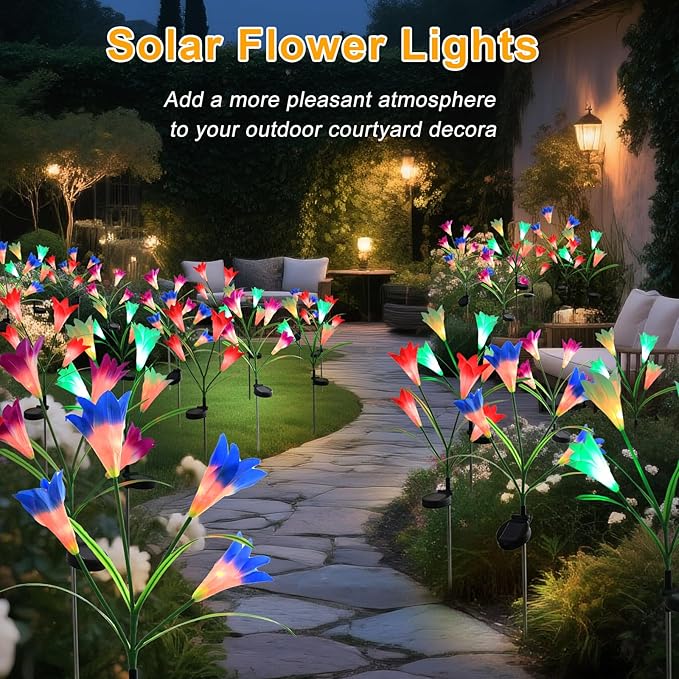 Garden 4 Pack LED Solar Flower Lights with More Realistic Lily Flowers Solar Garden Lights Outdoor Waterproof for Yard Patio Lawn Pathway Walkway Decoration 4-Pack Yellow & Pink & Blue & White Combo