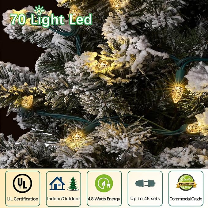 70 Count C6 Warm White Christmas Lights - 35.5ft Outdoor, Waterproof, Green Wire, IP65, UL Listed | Lumora