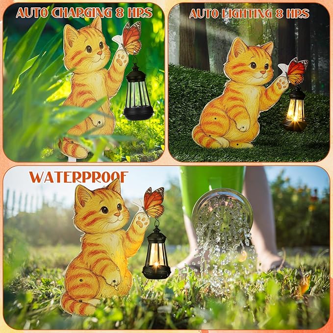 WILLBOND Cat Garden Decor Christmas Outdoor Solar Lights Decor, Metal Orange Cat Garden Stake with Butterfly, Outside Stake Signs for Yard Lawn Patio Unique Gift Ideas