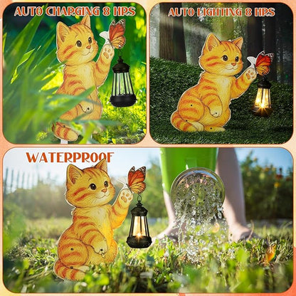 WILLBOND Cat Garden Decor Christmas Outdoor Solar Lights Decor, Metal Orange Cat Garden Stake with Butterfly, Outside Stake Signs for Yard Lawn Patio Unique Gift Ideas