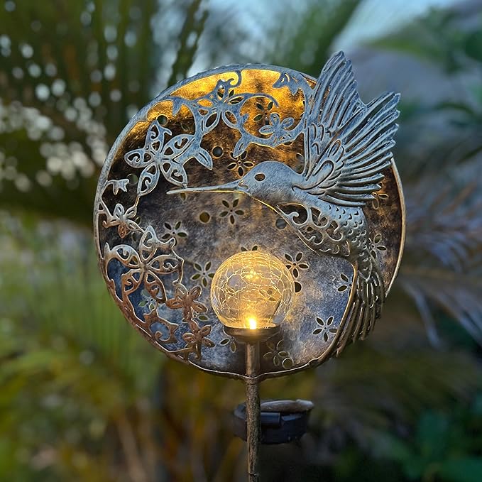 Hummingbird Solar Light Garden Outdoor Decoration Hollow Carving Flowers Crackle Glass Ball Metal Stake for Pathway | Lumora