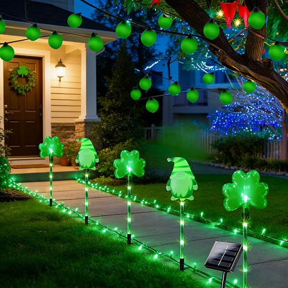 5 Pack St. Patrick's Day Solar Pathway Lights Outdoor - Green LED Shamrock Stake Lights, Waterproof Solar Powered Plug-in Gnome Lawn & Garden Decor for Yard, Walkway, Irish Party Decorations