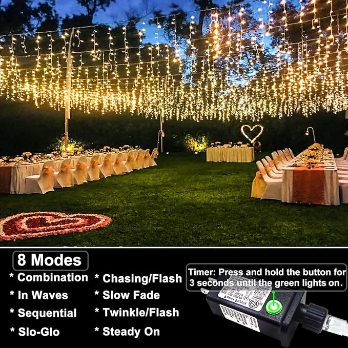 132ft Icicle Lights for Outside - 1280 LED Warm White Twinkle Lights with 240 Drops, 8 Modes - Outdoor String Light | Lumora