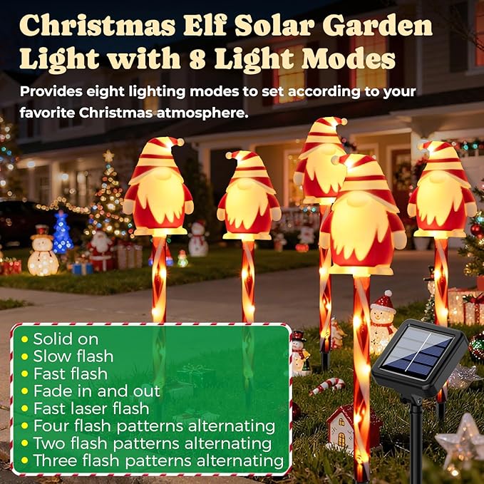 5 Packs Christmas Elf Solar Garden Light with 8 Light Modes, 15.75 Inches Tall Christmas Patio Outdoor Light, IP65 Waterproof, Auto ON/Off, Solar Xmas Light for Pathway, Courtyard