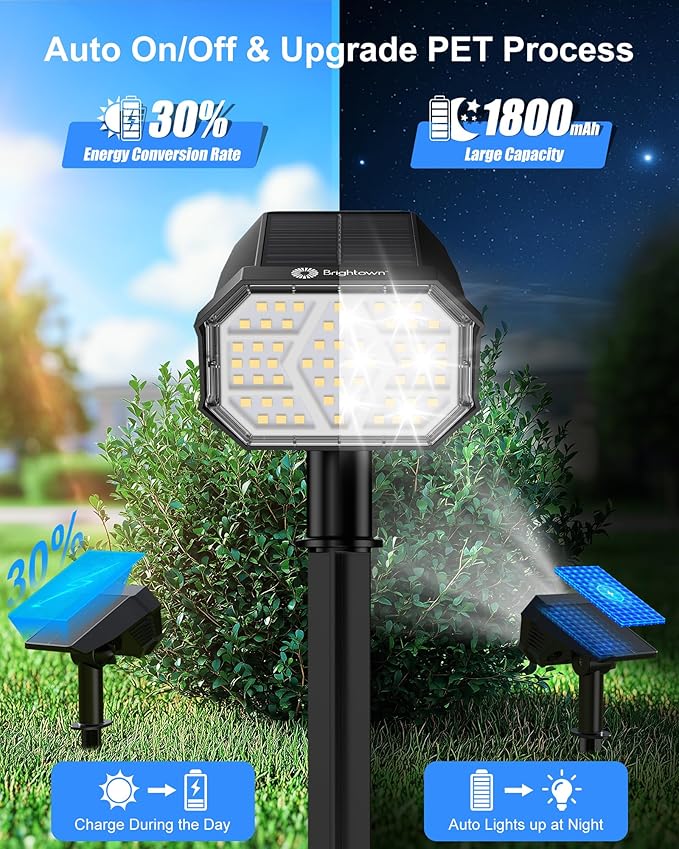 Brightown 4Pack Solar Spot Lights Outdoor with 58 LED & 1800mAh, IP67 Solar Lights Outdoor Waterproof with 3 Light | Lumora