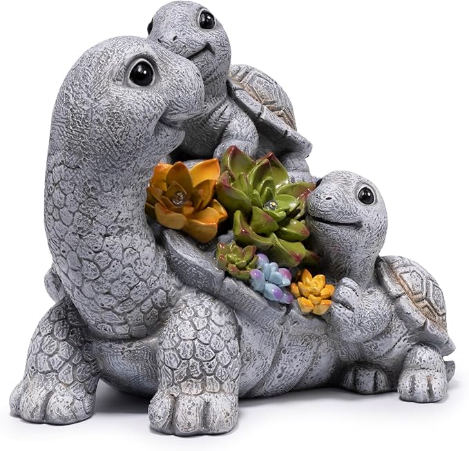 basen Solar Turtle Garden Statue with LED Succulent Lights, Resin Outdoor Tortoise Family Figurine, Waterproof Yard Lawn Patio Decor, Cute Animal Sculpture for Porch, Backyard, Gift