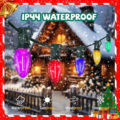 25Ft Multicolor C7 Vintage Outdoor String Lights with 27 LED Bulbs(2 Spare), Waterproof for Patio Garden Party Wedding Holiday Decorations-Green Wire