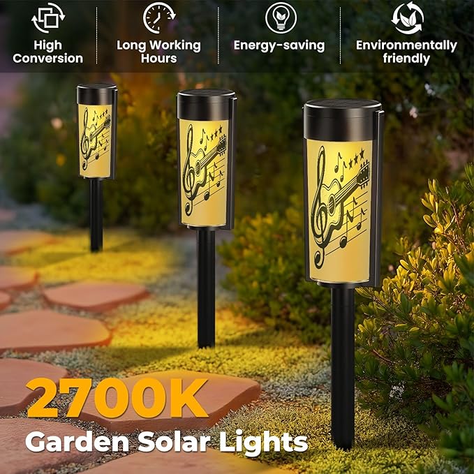 4 Pack Solar Pathway Lights Outdoor Waterproof Guitar Notes Musical Design Solar Garden Lights LED Landscape Lighting for Yard Walkway Lawn Garden Decor