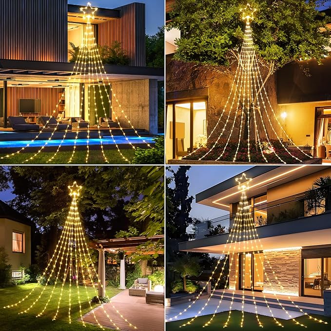 Brightown Christmas Decorations Star String Lights - 660 LED 24ft 9 Strands Waterfall Tree Lights with Topper Star, 8 Lighting Modes Indoor Outdoor Decorative Lights for Wedding Yard Party Home