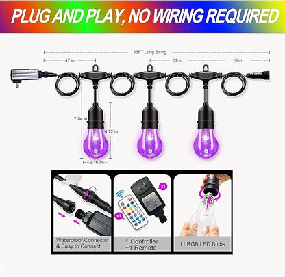 35FT Outdoor String Lights, 16 Shatterproof Edison Bulbs, Dimmable RGB Color Changing Patio Lights with Remote. Solar-Powered & Waterproof for Garden Commercial LED Decorative Lighting.