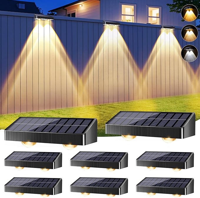 BrizLabs Solar Fence Lights Outdoor, 3 Color (2700K/4500K/6500K) & 6 Modes Solar Wall Light, 8 Pack 250lm LED Patio Deck Lighting IP65 Waterproof Fence Lighting for Outside Backyard Patio Railing Pool