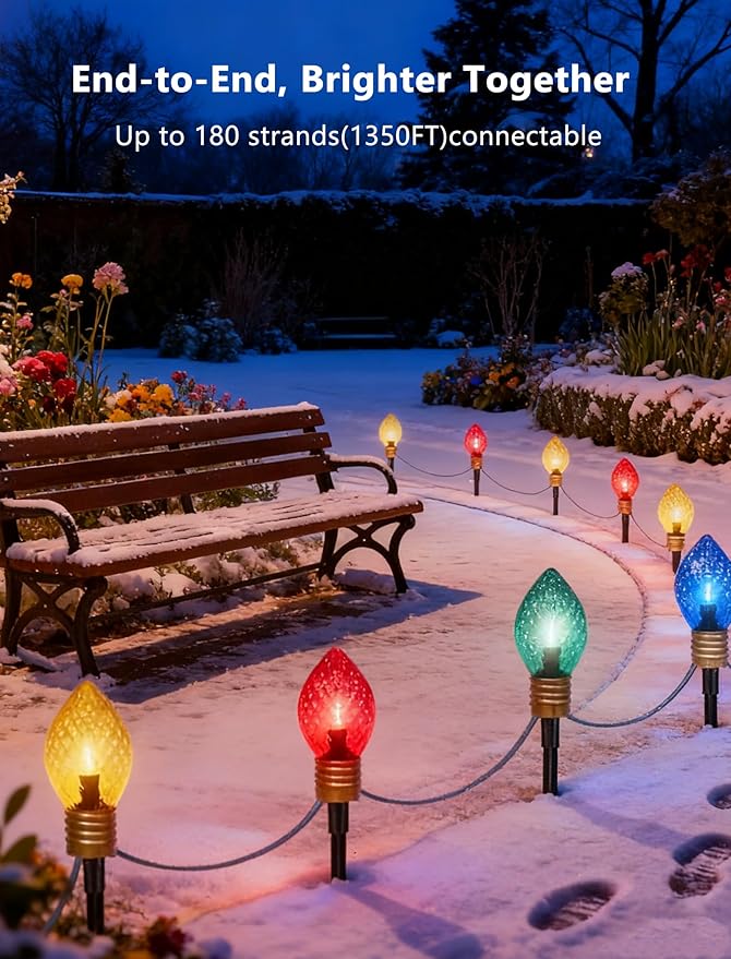 Jumbo C9 Christmas Pathway Lights Outdoor, 6.5Ft C9 Giant Christmas Walkway Lights with 4 LED Strawberry Multicolor Bulbs, Jumbo Yard Decoration Stakes Lights for Outside Lawn Garden Driveway Holiday