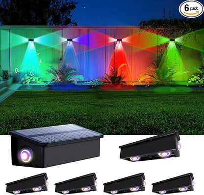 6 Pack Color Changing Solar Powered Fence Lights Outdoor Decorative LED Waterproof Yard Lamps for Outside Wall, Deck, House Patio, Rail, Stair, Yard, Pool, 7 Colorful Modes, Easy 1-Min Installation