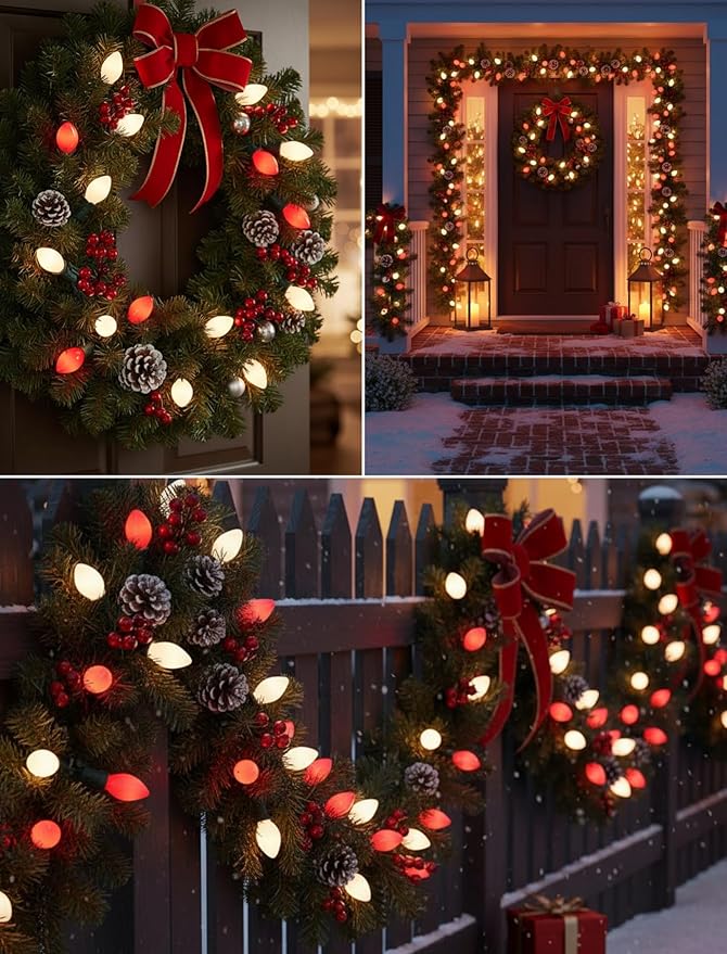 25Ft Red and White Christmas Lights,C7 Christmas String Lights with 27 Red White Ceramic Bulbs(2 Spare), Vintage Incandescent Xmas Lights for Outdoor Holiday Xmas Roofline Wedding Party