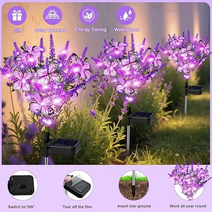 Solar Garden Lights Outdoor 2 Pack Lavender Butterfly Lights, Solar Artificial Flower Outdoor Waterproof Decoration Gardening Gifts for Women, Yard Patio Pathway Lawn Courtyard Decoration