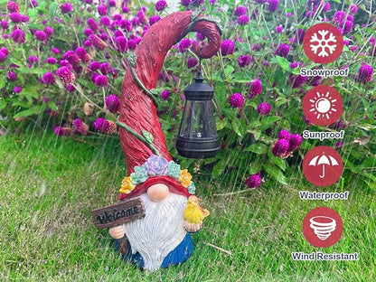 Gnome Garden Decor Statue - Solar Lantern Christmas Gnomes Decorations for Yard with Succulent and 6 LED Lights Outdoor Decoration for Patio