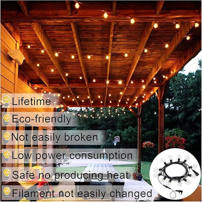 Festoon Outdoor String Lights Mains Powered 50FT G40 25+2 LED Replacement Bulbs, Garden Lights with Indoor & Outdoor Lights for Wedding Backyard Patio Cafe Garden Party Decoration