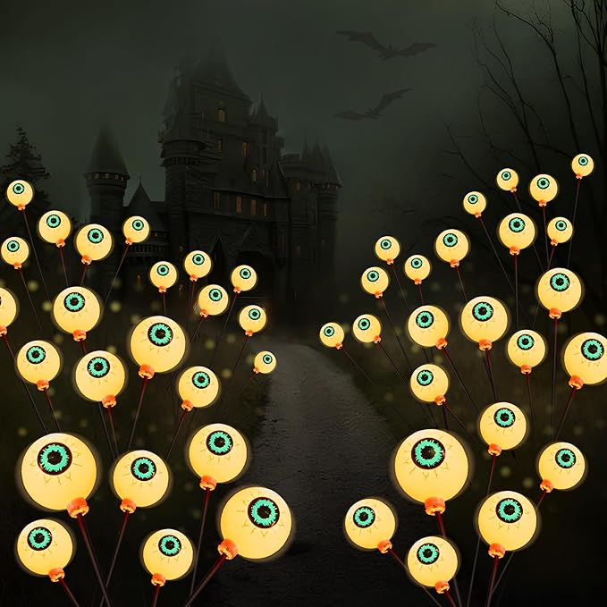JOYIN Halloween Decorations Outdoor Solar Scary Eyeball Lights, 8 Pcs 48LEDs Warm Pathway Yard Stakes, Waterproof Firefly Lights for Halloween Graveyard Yard Garden Patio Walkway Party