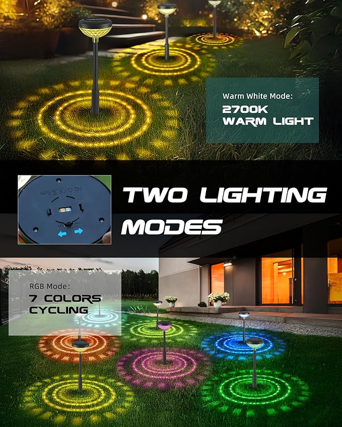 6 Pack Solar Garden Lights, RGB + Warm White LED, Solar Powered Outdoor Lights for Yard, Lawn, Walkway, Christmas & | Lumora