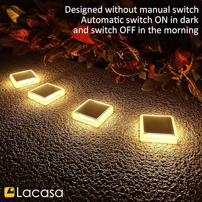 Lacasa Solar Deck Lights, 4 Pack 30LM LED Dock Lights Warm White 2700K, Outdoor Solar Powered Step Lights Light up All Night IP68 Waterproof Auto ON/Off for Garden Stairs Driveway Pathway Lighting