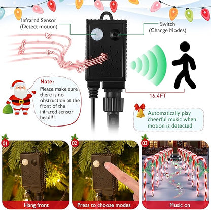 Hiboom 12 Pcs Christmas Candy Cane Light with 4 Christmas Theme Music, 20'' Pathway Markers Lights with Stakes Holiday Driveway Light for Xmas Holiday Party Walkway Garden Decor(Red, White)