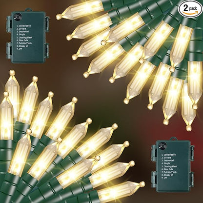 2 Pack Christmas String Lights with Built-in Timer - Total 100 LED 36ft Fairy Battery String Lights - Mini Lighting for Garden Festival Living room Xmas Tree Christmas Decorations - Warm White