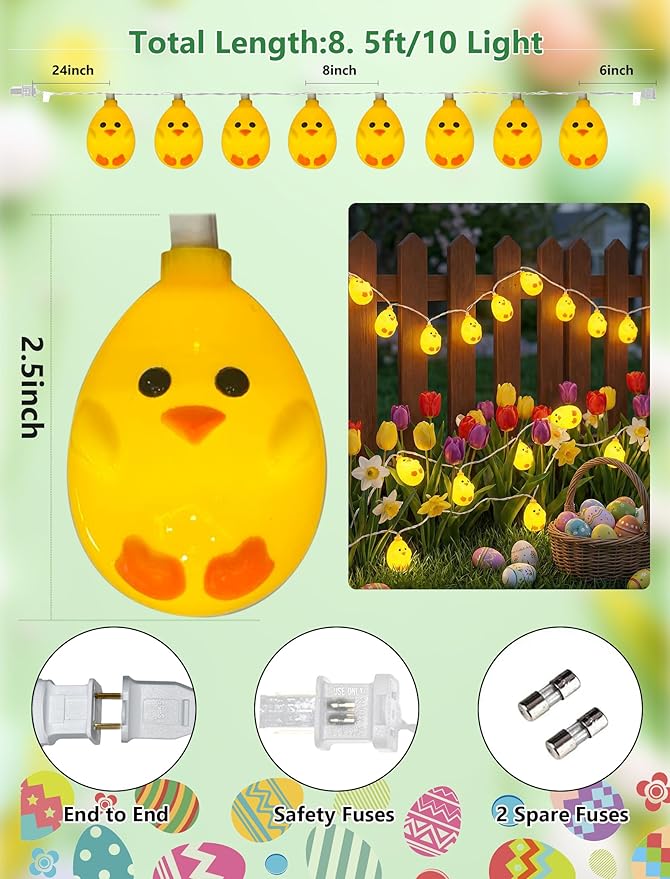 GOOTHY 8.5Ft LED Yellow Chick String Lights Plug in, 10 Cute LED Spring Chicken String Lights for Indoor Outdoor Easter Decorations, Easter Party Garland Spring Holiday Home Garden Patio Décor