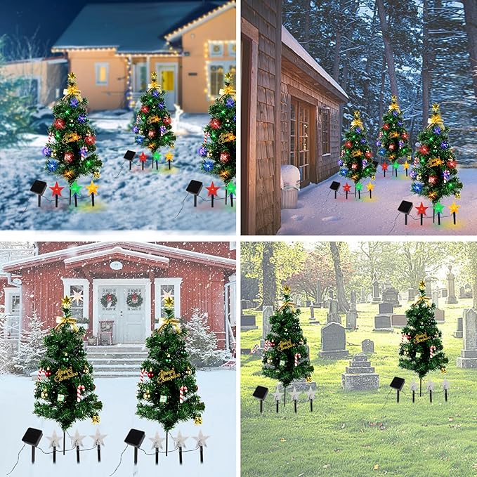Solar Christmas Tree Light Outdoor Decoration, 31Inch Solar Tree Lights with 30 LED 8 Flashing Modes Decorated Prelit Gift Boxes & Ornaments for Pathway Patio Yard Garden Cemetery, 2PCS