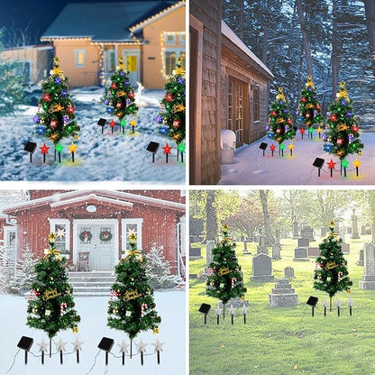 Solar Christmas Tree Light Outdoor Decoration, 31Inch Solar Tree Lights with 30 LED 8 Flashing Modes Decorated Prelit Gift Boxes & Ornaments for Pathway Patio Yard Garden Cemetery, 2PCS