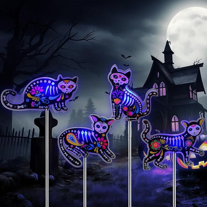 Retisee 4 Pack Halloween Black Cat Solar Lights Outdoors Solar Cat Lamp Yard Decorations Halloween Party Favors Waterproof Lights for Pathway Lawn Porch Warm White LED