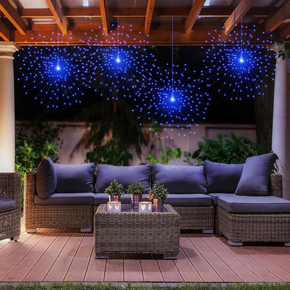 2 Pack Starburst Sphere Lights,200 LLED Firework Lights, 8 Modes Dimmable Remote Control Waterproof Hanging Fairy Light, Copper Wire Light for Patio Parties Christmas (Blue)