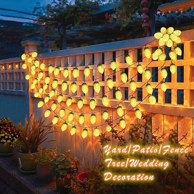 C9 Solar Powered LED Christmas String Lights 50 LED Waterproof Strawberry Light with 8 Mode Green Wire Lighting for Outside Patio Wedding Party Decor