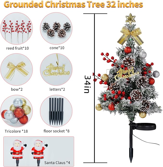 2 Packs Solar Christmas Tree - 34 Inch 40 LED Lights with 4 Glowing Mini Santas, 2 Modes, Waterproof Outdoor Solar Powered Xmas Decor for Garden Yard Pathway Lawn