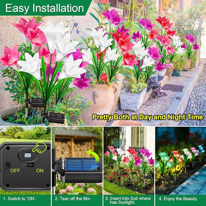 KuBace Solar Outdoor Lights Garden Decor, 6 Pack Upgraded Solar LED Flower Lights with 24 Bigger Lily Flower Lamp, 7 Color Changing Waterproof Solar Powered Flowers for Garden Yard Decor, Gift