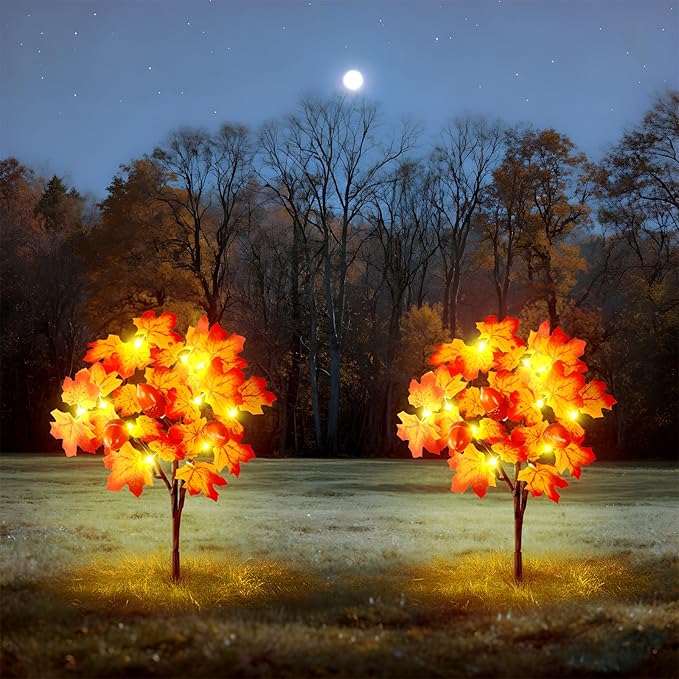 Capoda 2 Pack Fall Solar Lights Decorations Maple Leaf Led Outdoor Waterproof Solar Lights Decor for Autumn Thanksgiving Harvest Party Outside Home Yard Garden Porch Pathway Decor Supplies