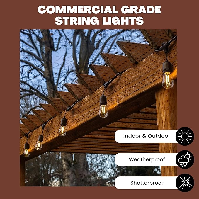 NorbSTRING 50FT LED String Lights – Plug-in Outdoor Weatherproof Lights, Cozy Candle-Like Warm White Glow, Shatterproof Commercial-Grade Bulbs for Patio, Backyard, Deck & Events, Energy-Efficient