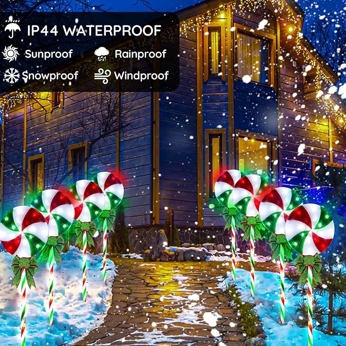 4 Pack 27.5" Lollipop Peppermint Christmas Pathway Lights Outdoor with Bows, Green Red White 80 LED Candy Cane Lights 8 Modes Timer Waterproof, Walkway Markers for Xmas Outsides Garden Yard Decoration