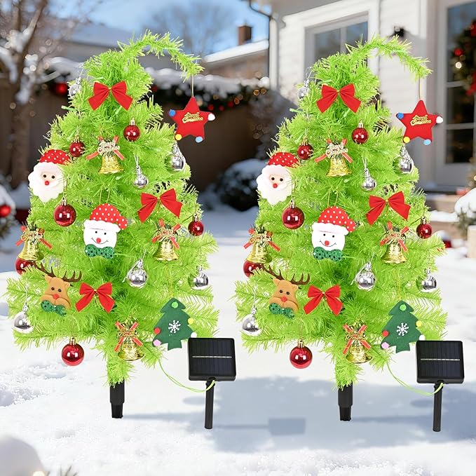 2 Pack Solar Christmas Tree, 31.5" Outdoor Whimsical Christmas Tree, Bendable Xmas Trees with LED Light & Ornaments, Waterproof Solar Christmas Lights for Yard, Pathway, Outdoor Christmas Decor