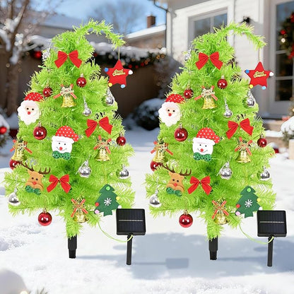 2 Pack Solar Christmas Tree, 31.5" Outdoor Whimsical Christmas Tree, Bendable Xmas Trees with LED Light & Ornaments, Waterproof Solar Christmas Lights for Yard, Pathway, Outdoor Christmas Decor